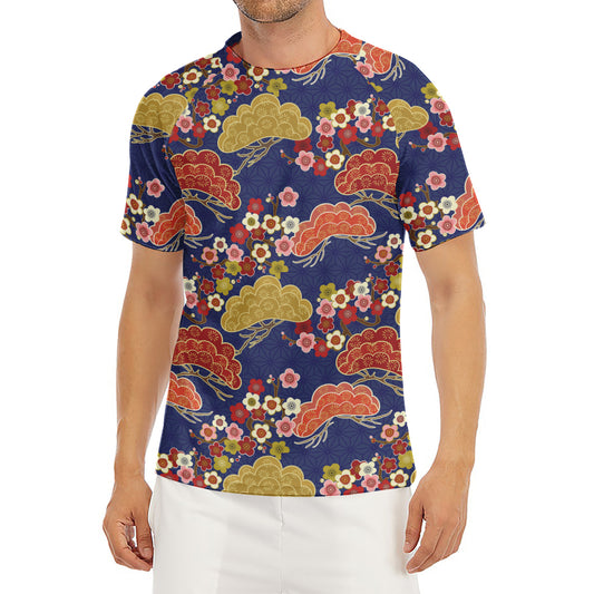 Japanese Cherry Blossom Pattern Print Men's Short Sleeve Rash Guard