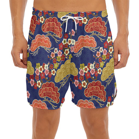 Japanese Cherry Blossom Pattern Print Men's Split Running Shorts