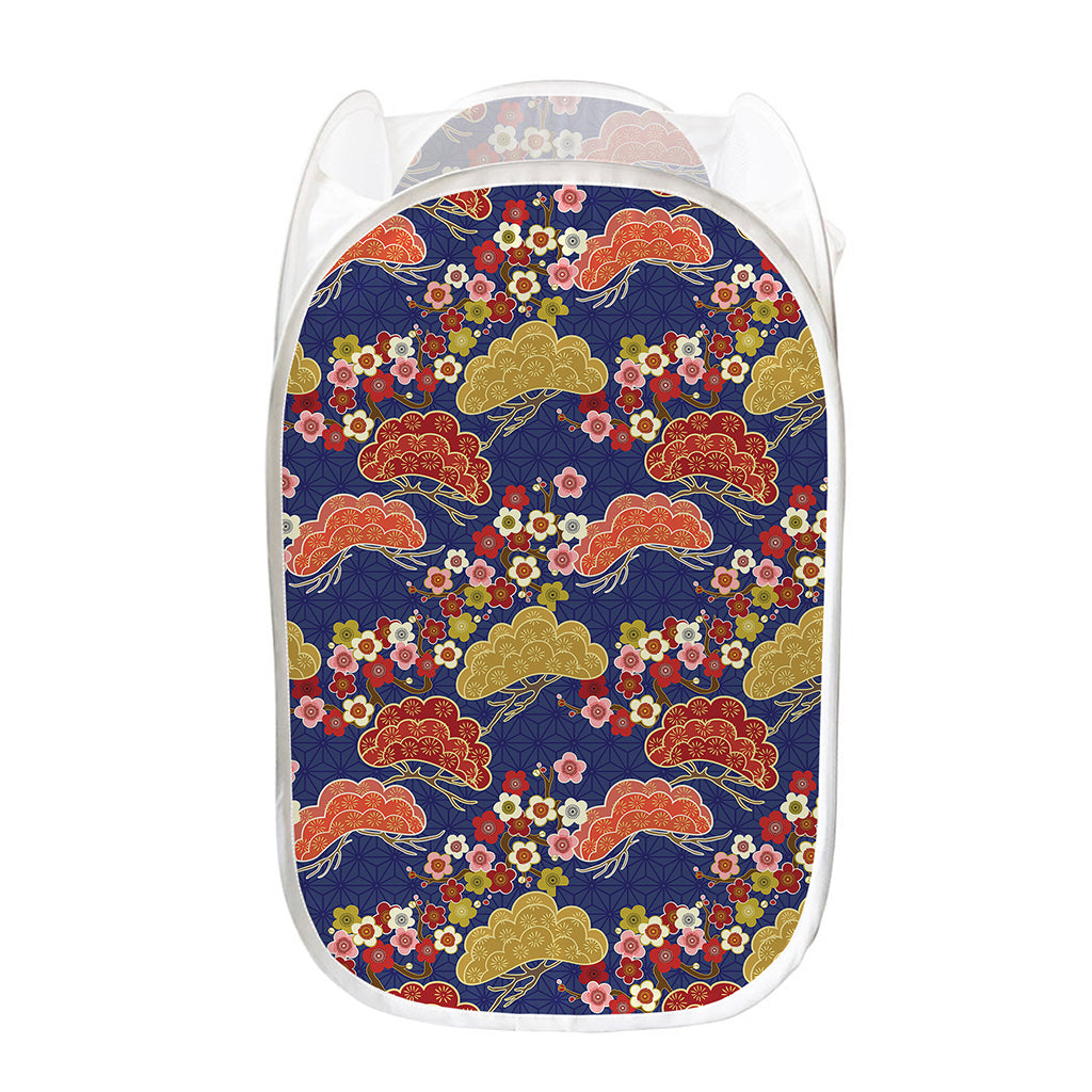 Japanese Cherry Blossom Pattern Print Mesh Laundry Hamper