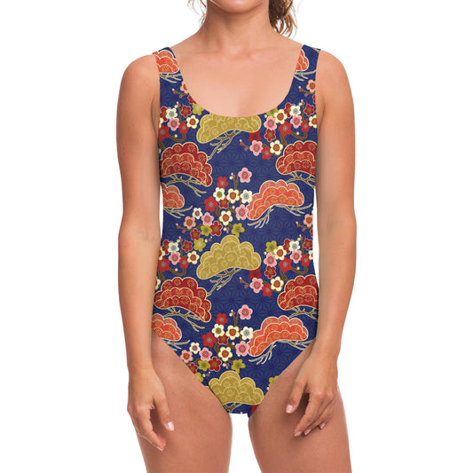 Japanese Cherry Blossom Pattern Print One Piece Swimsuit