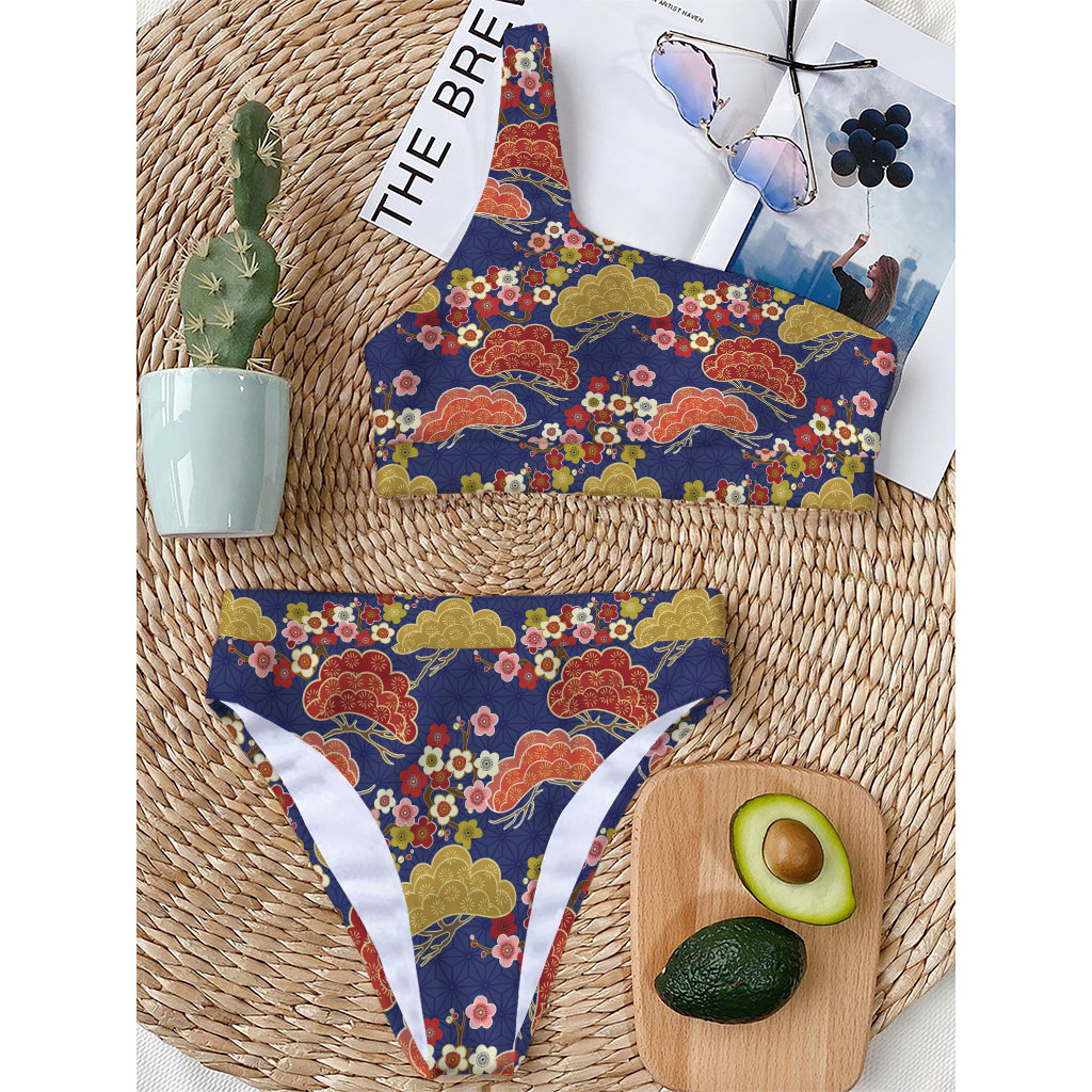 Japanese Cherry Blossom Pattern Print One Shoulder Bikini Top