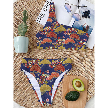 Japanese Cherry Blossom Pattern Print One Shoulder Bikini Top