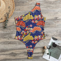 Japanese Cherry Blossom Pattern Print One Shoulder Bodysuit