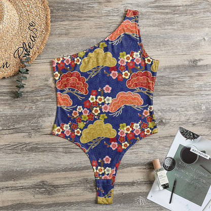 Japanese Cherry Blossom Pattern Print One Shoulder Bodysuit