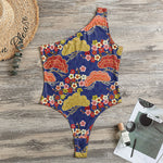 Japanese Cherry Blossom Pattern Print One Shoulder Bodysuit