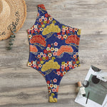 Japanese Cherry Blossom Pattern Print One Shoulder Bodysuit