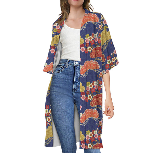 Japanese Cherry Blossom Pattern Print Open Front Beach Cover Up