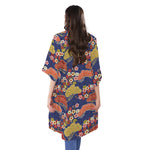 Japanese Cherry Blossom Pattern Print Open Front Beach Cover Up