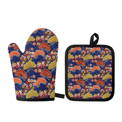 Japanese Cherry Blossom Pattern Print Oven Mitt And Pot Holder Set