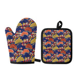 Japanese Cherry Blossom Pattern Print Oven Mitt And Pot Holder Set