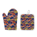 Japanese Cherry Blossom Pattern Print Oven Mitt And Pot Holder Set