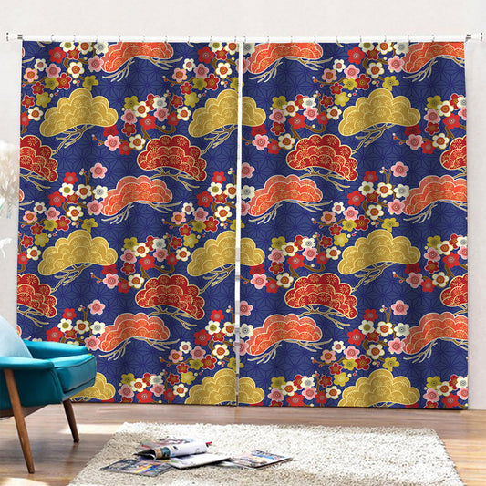 Japanese Cherry Blossom Pattern Print Pencil Pleat Curtains