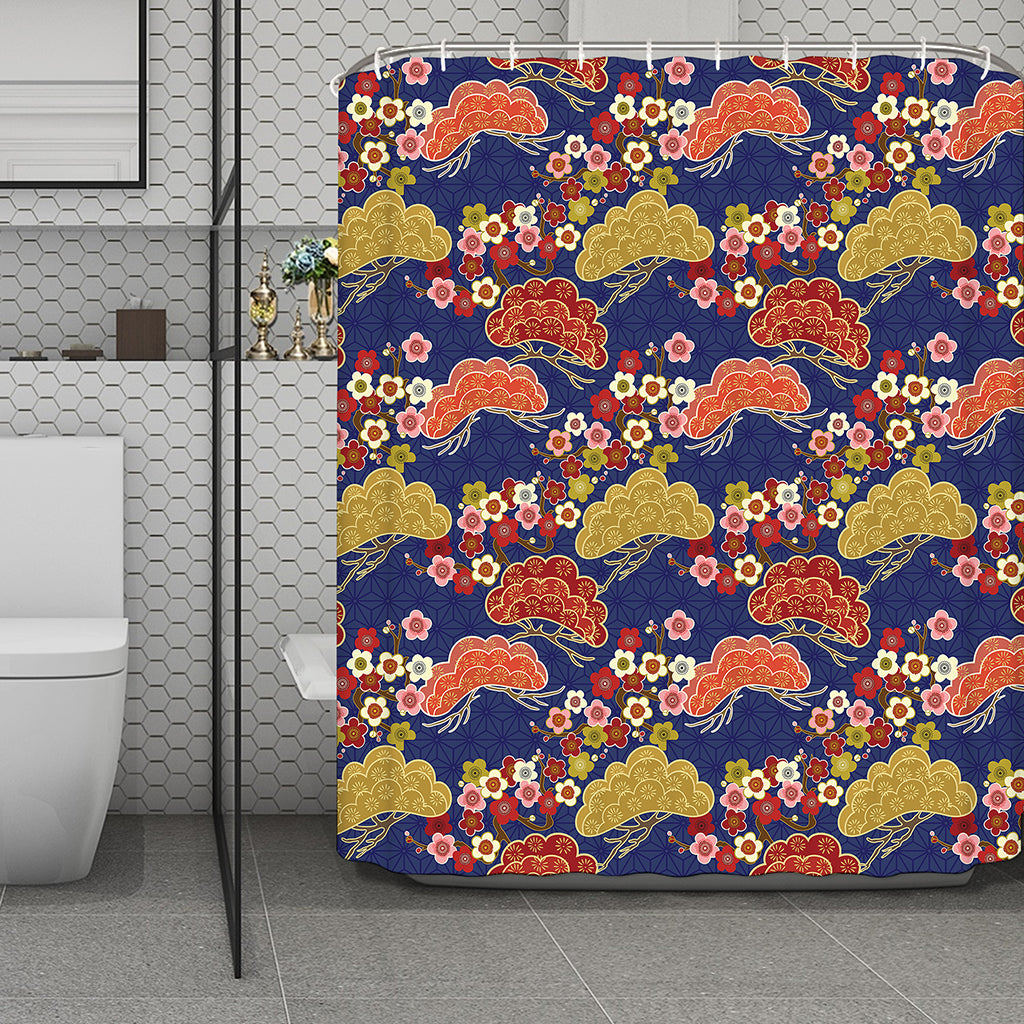 Japanese Cherry Blossom Pattern Print Polyester Shower Curtain