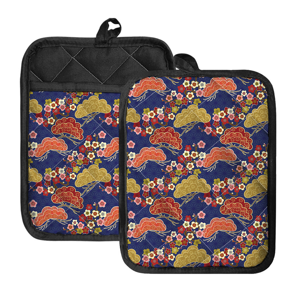 Japanese Cherry Blossom Pattern Print Pot Holders With Pocket