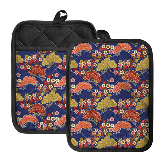 Japanese Cherry Blossom Pattern Print Pot Holders With Pocket