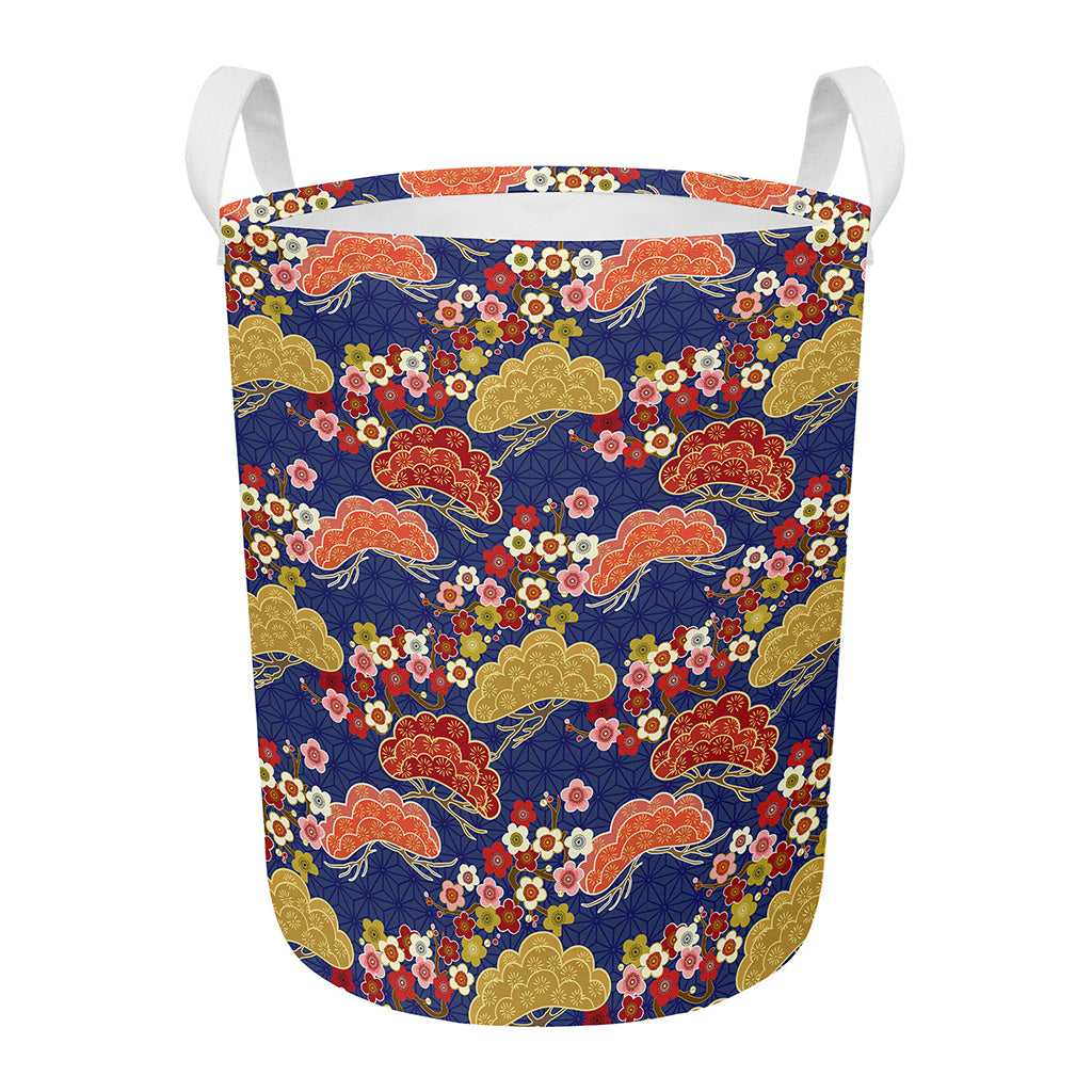 Japanese Cherry Blossom Pattern Print Round Laundry Basket