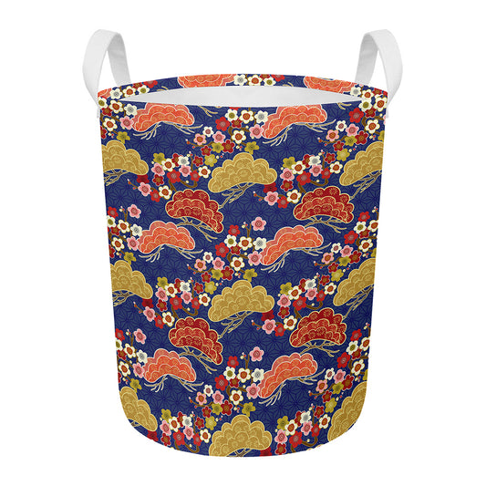 Japanese Cherry Blossom Pattern Print Round Laundry Basket