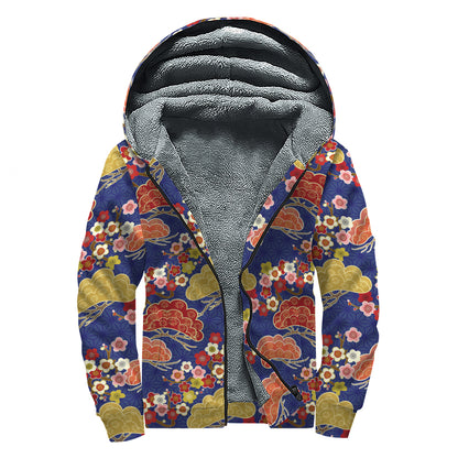 Japanese Cherry Blossom Pattern Print Sherpa Lined Zip Up Hoodie
