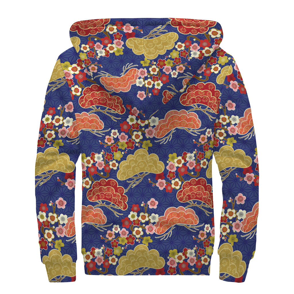 Japanese Cherry Blossom Pattern Print Sherpa Lined Zip Up Hoodie