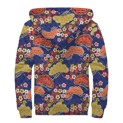 Japanese Cherry Blossom Pattern Print Sherpa Lined Zip Up Hoodie