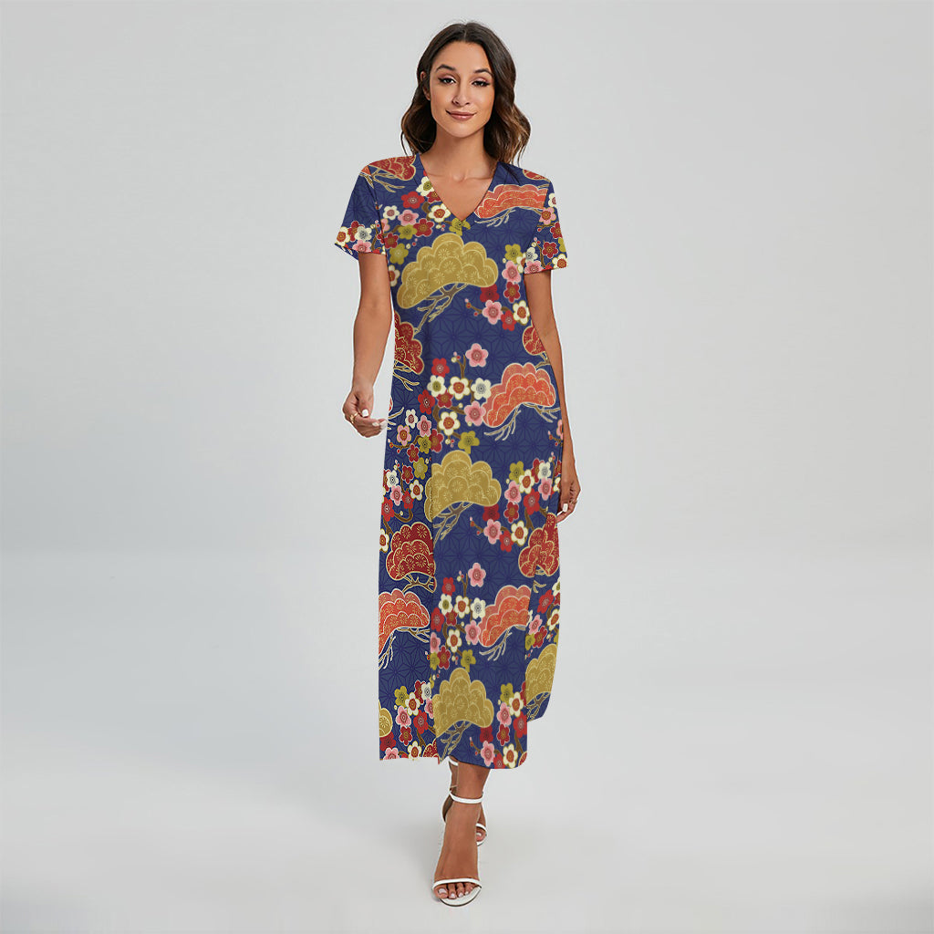 Japanese Cherry Blossom Pattern Print Short Sleeve Maxi Dress