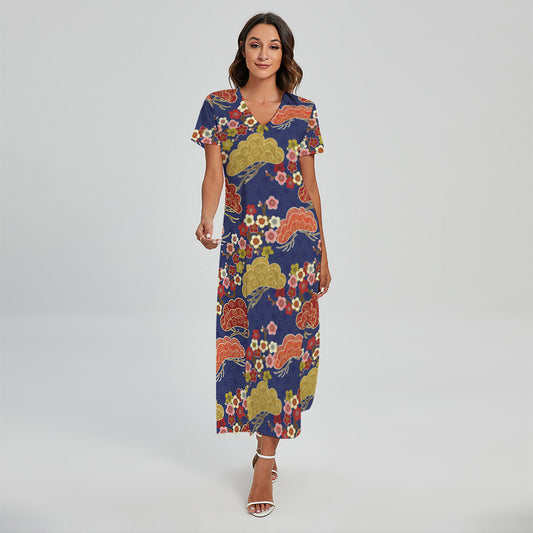 Japanese Cherry Blossom Pattern Print Short Sleeve Maxi Dress