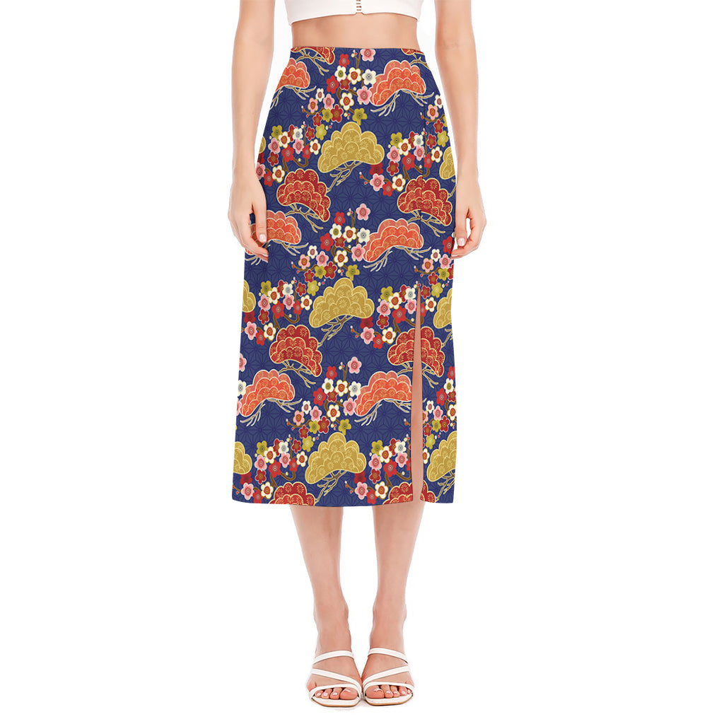 Japanese Cherry Blossom Pattern Print Side Slit Midi Skirt
