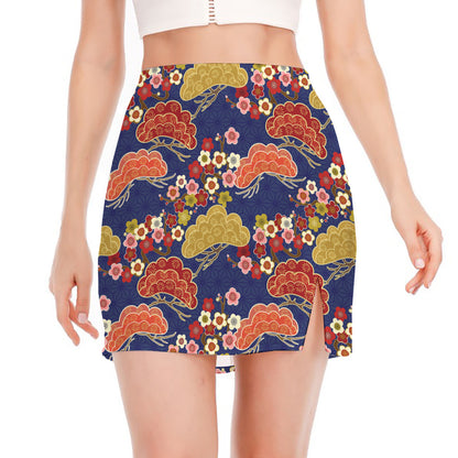 Japanese Cherry Blossom Pattern Print Side Slit Mini Skirt