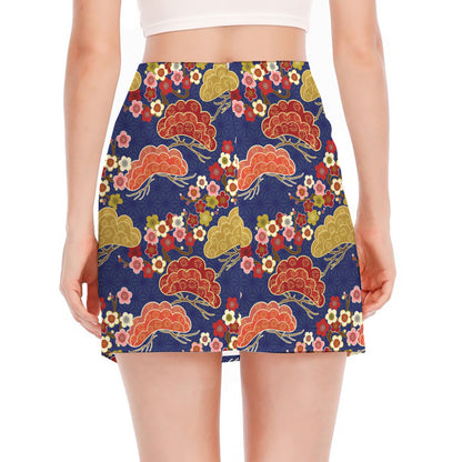 Japanese Cherry Blossom Pattern Print Side Slit Mini Skirt