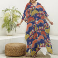 Japanese Cherry Blossom Pattern Print Silk V-Neck Kaftan Dress