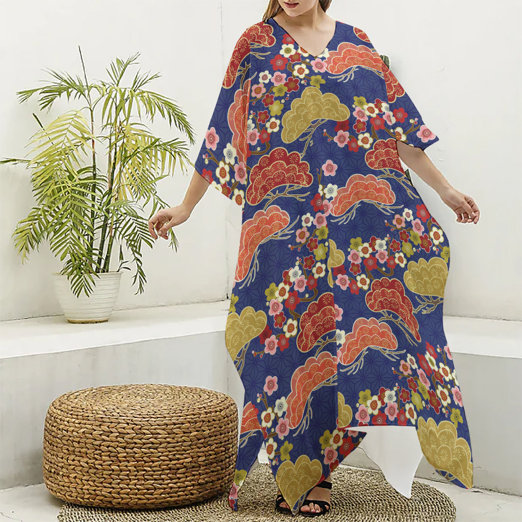 Japanese Cherry Blossom Pattern Print Silk V-Neck Kaftan Dress