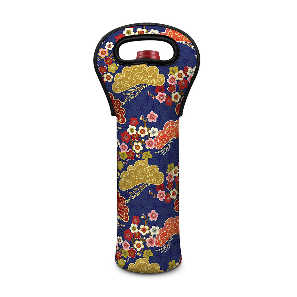 Japanese Cherry Blossom Pattern Print Single Neoprene Wine Tote