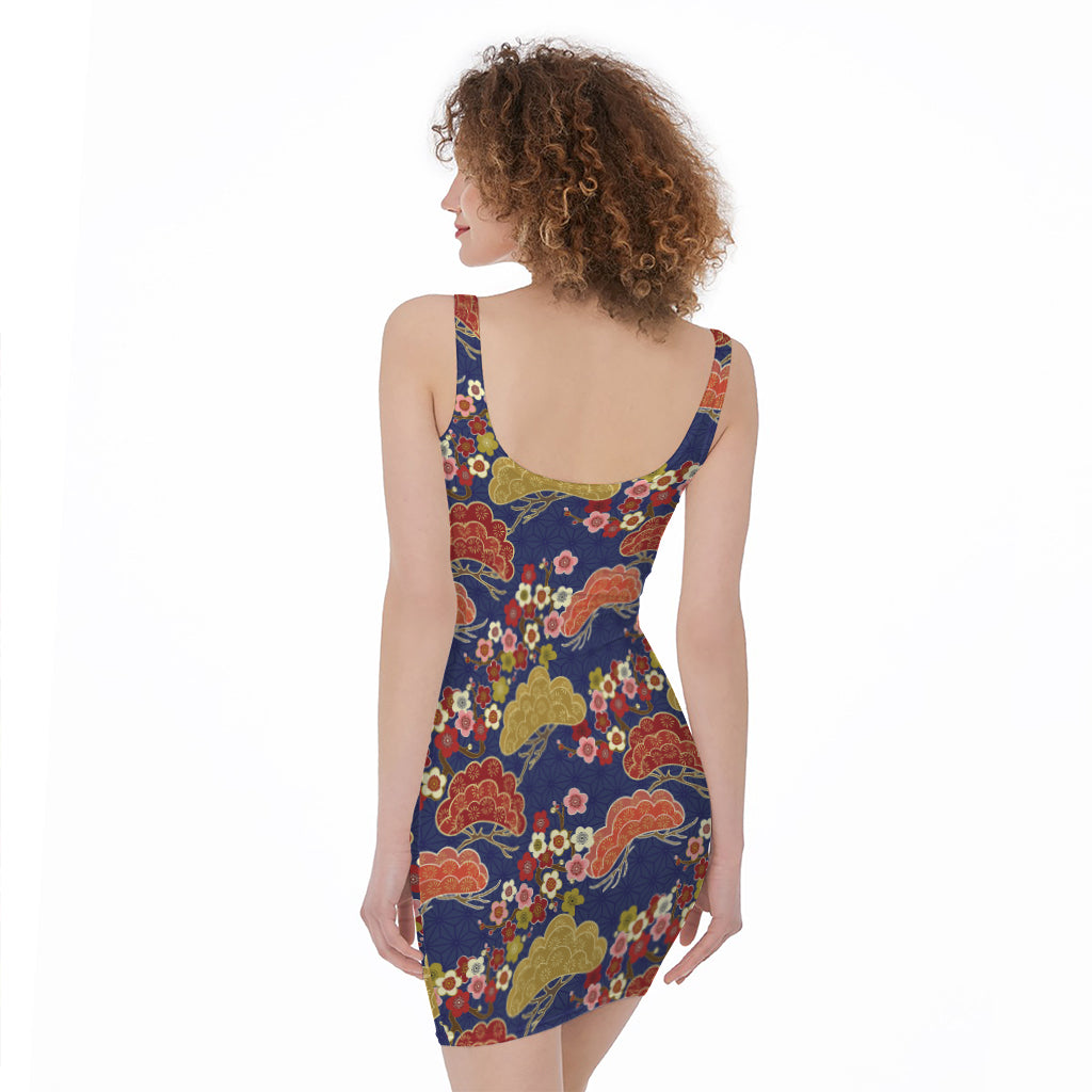 Japanese Cherry Blossom Pattern Print Sleeveless Bodycon Dress