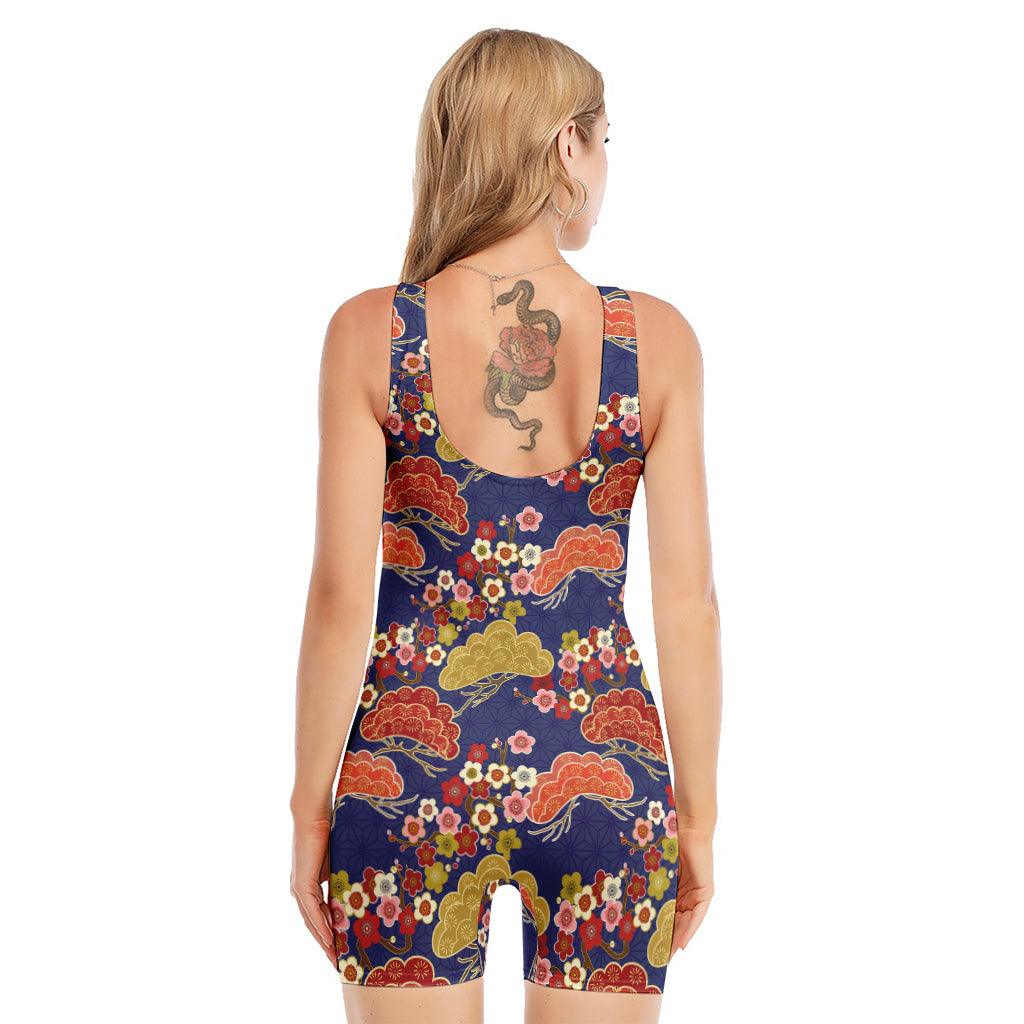 Japanese Cherry Blossom Pattern Print Sleeveless One Piece Swimsuit