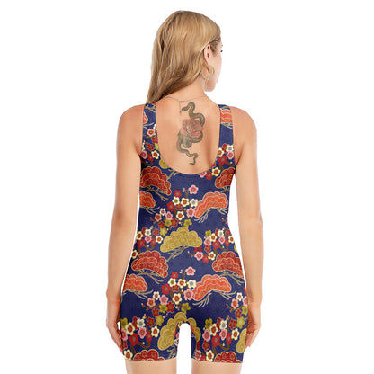 Japanese Cherry Blossom Pattern Print Sleeveless One Piece Swimsuit