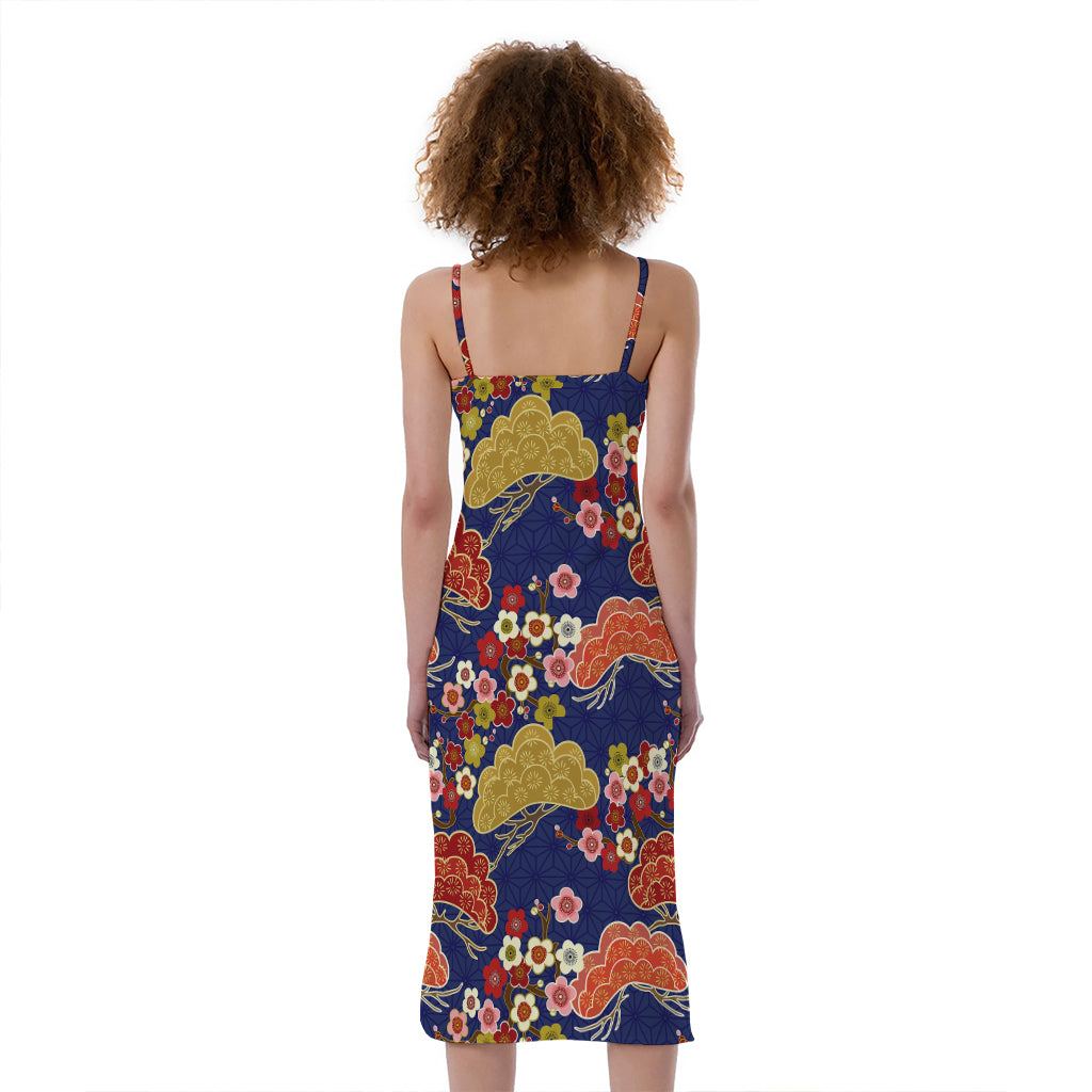 Japanese Cherry Blossom Pattern Print Slim Fit Midi Cami Dress
