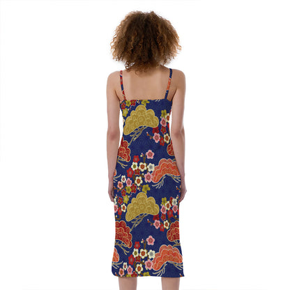 Japanese Cherry Blossom Pattern Print Slim Fit Midi Cami Dress