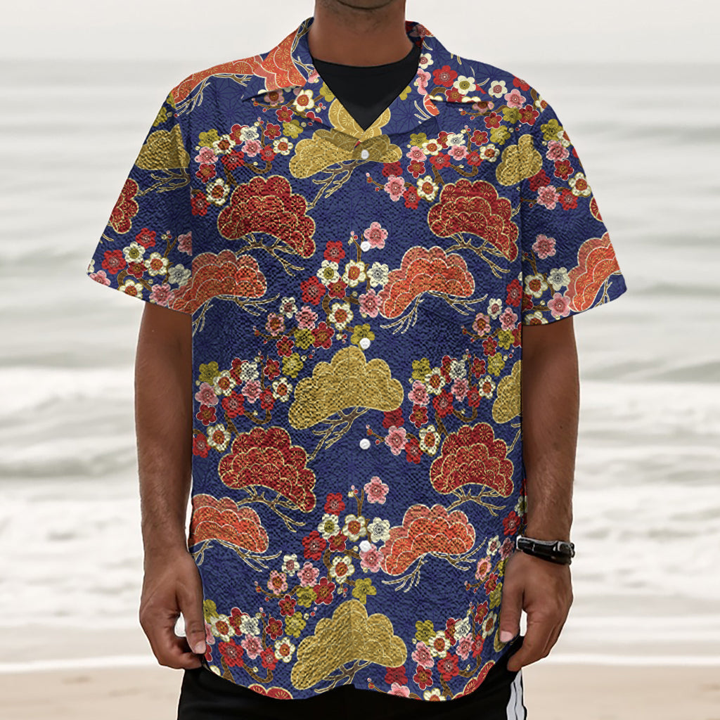Japanese Cherry Blossom Pattern Print Textured Short Sleeve Shirt