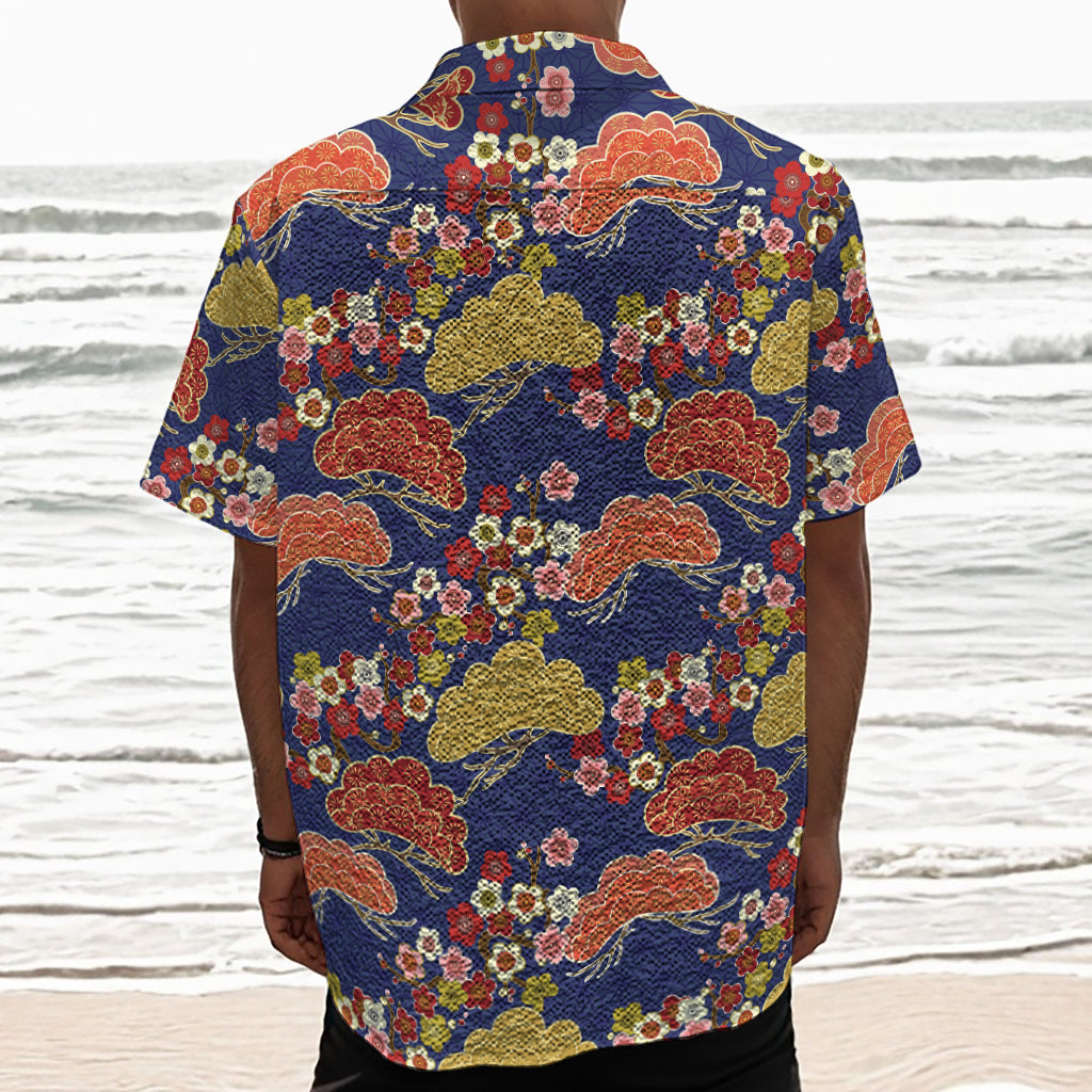 Japanese Cherry Blossom Pattern Print Textured Short Sleeve Shirt