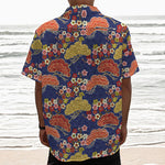Japanese Cherry Blossom Pattern Print Textured Short Sleeve Shirt