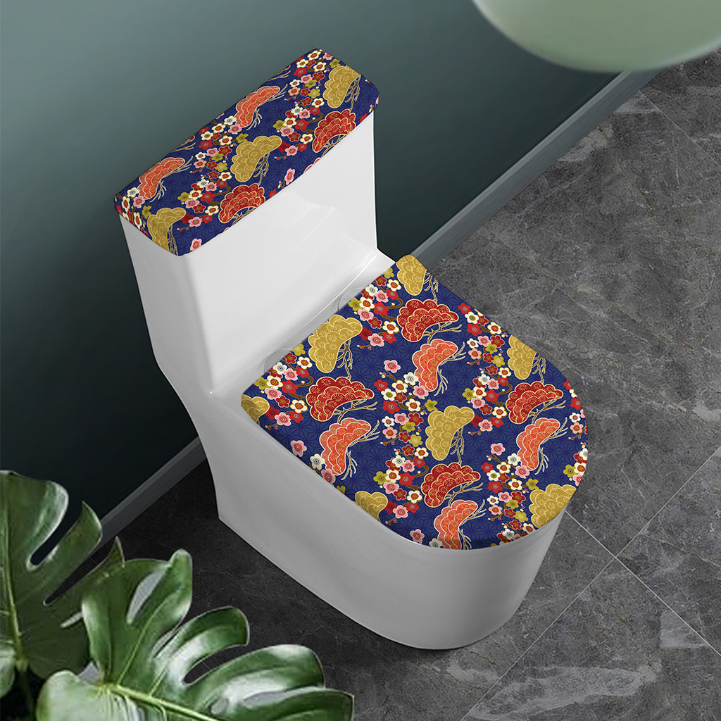 Japanese Cherry Blossom Pattern Print Toilet Lid And Tank Cover Set