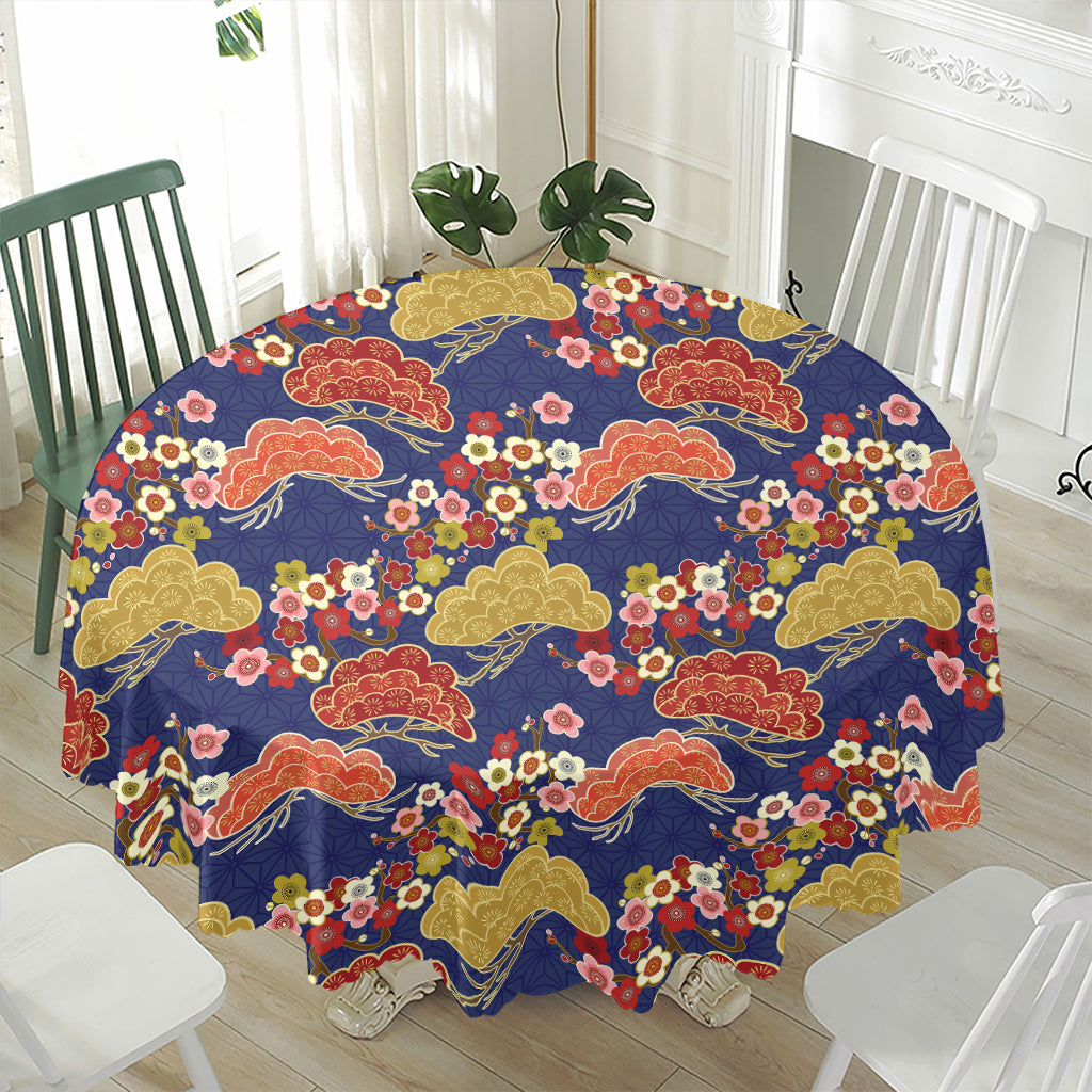 Japanese Cherry Blossom Pattern Print Waterproof Round Tablecloth