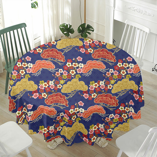 Japanese Cherry Blossom Pattern Print Waterproof Round Tablecloth