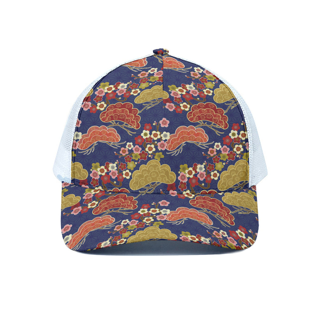 Japanese Cherry Blossom Pattern Print White Mesh Trucker Cap