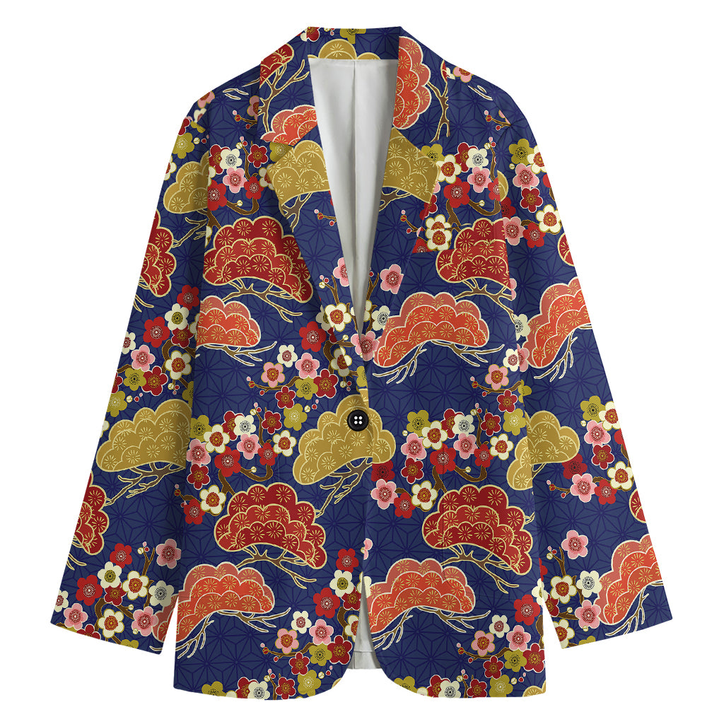 Japanese Cherry Blossom Pattern Print Women's Cotton Blazer