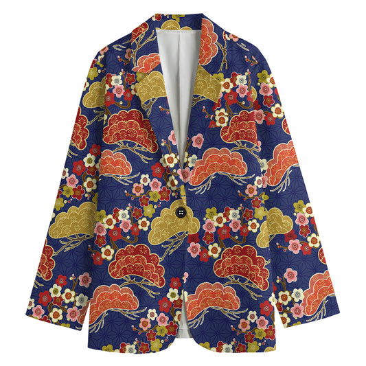 Japanese Cherry Blossom Pattern Print Women's Cotton Blazer