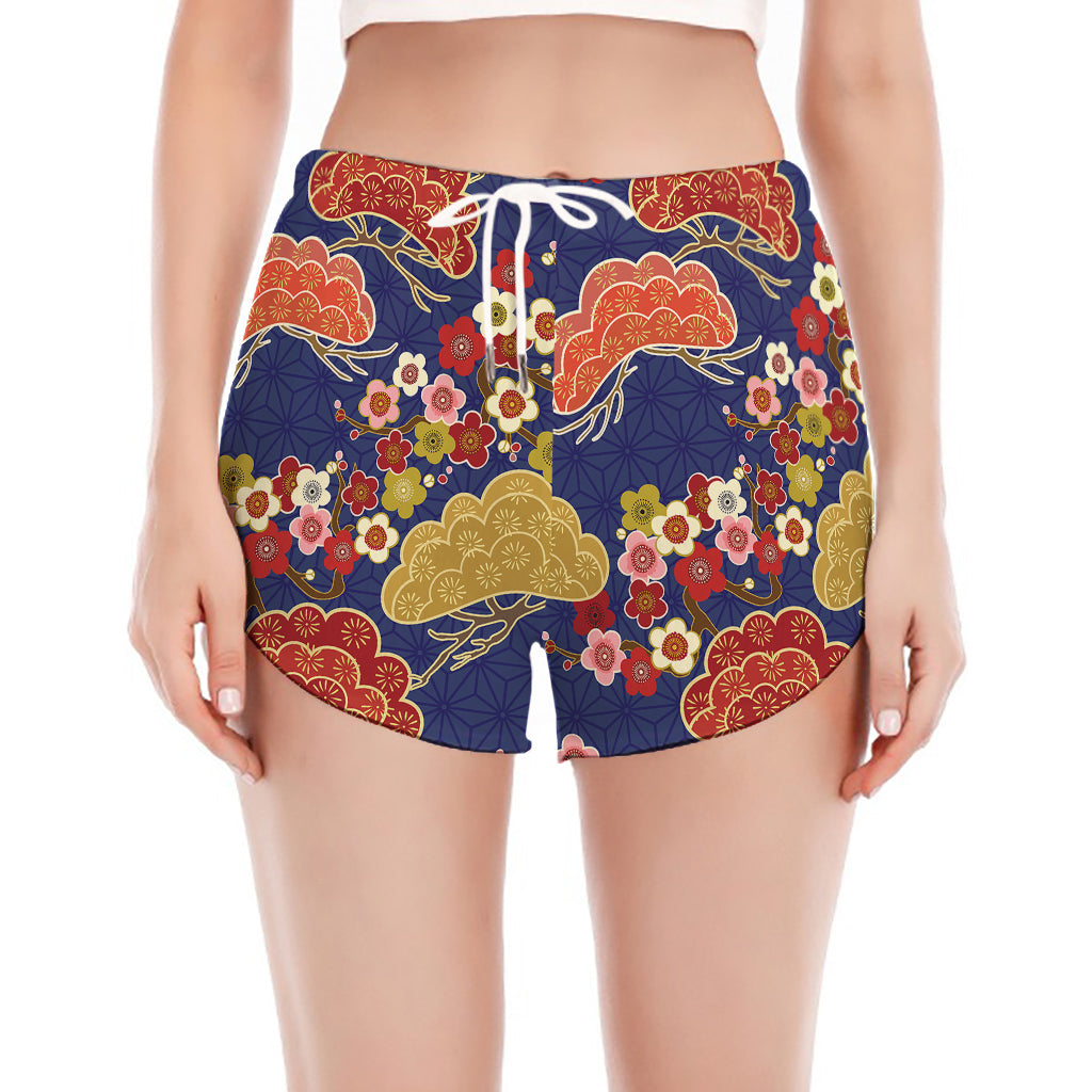 Japanese Cherry Blossom Pattern Print Women's Split Running Shorts