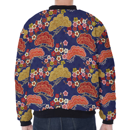 Japanese Cherry Blossom Pattern Print Zip Sleeve Bomber Jacket