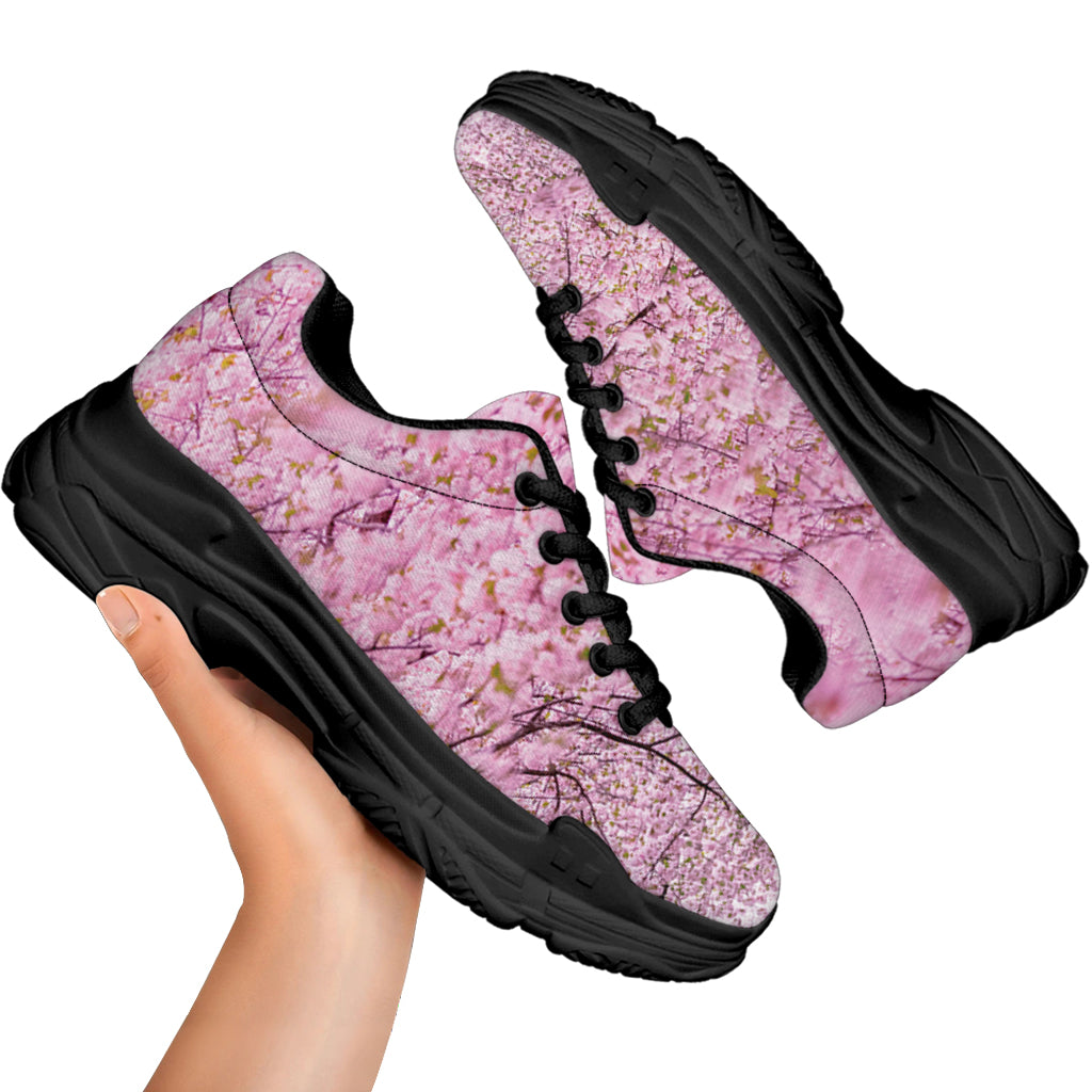 Japanese Cherry Blossom Tree Print Black Chunky Shoes