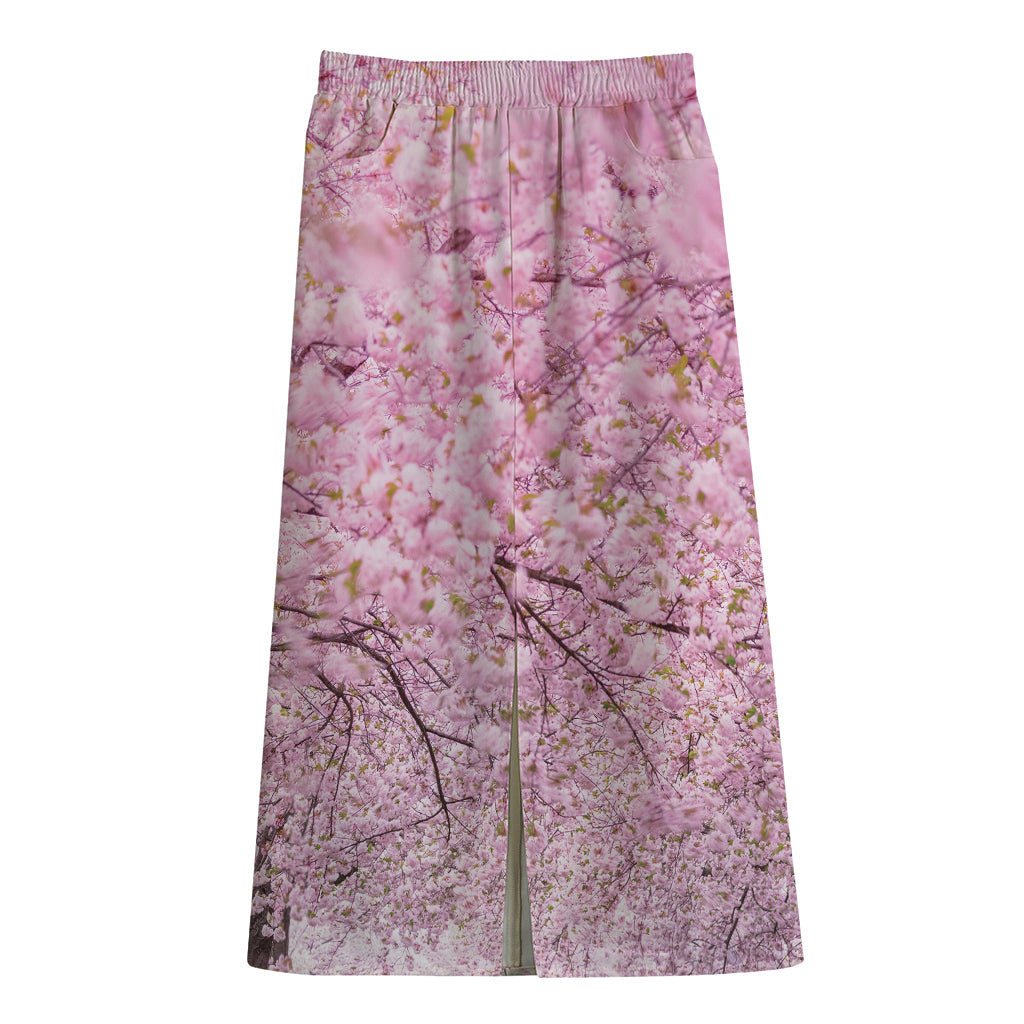 Japanese Cherry Blossom Tree Print Cotton Front Slit Maxi Skirt